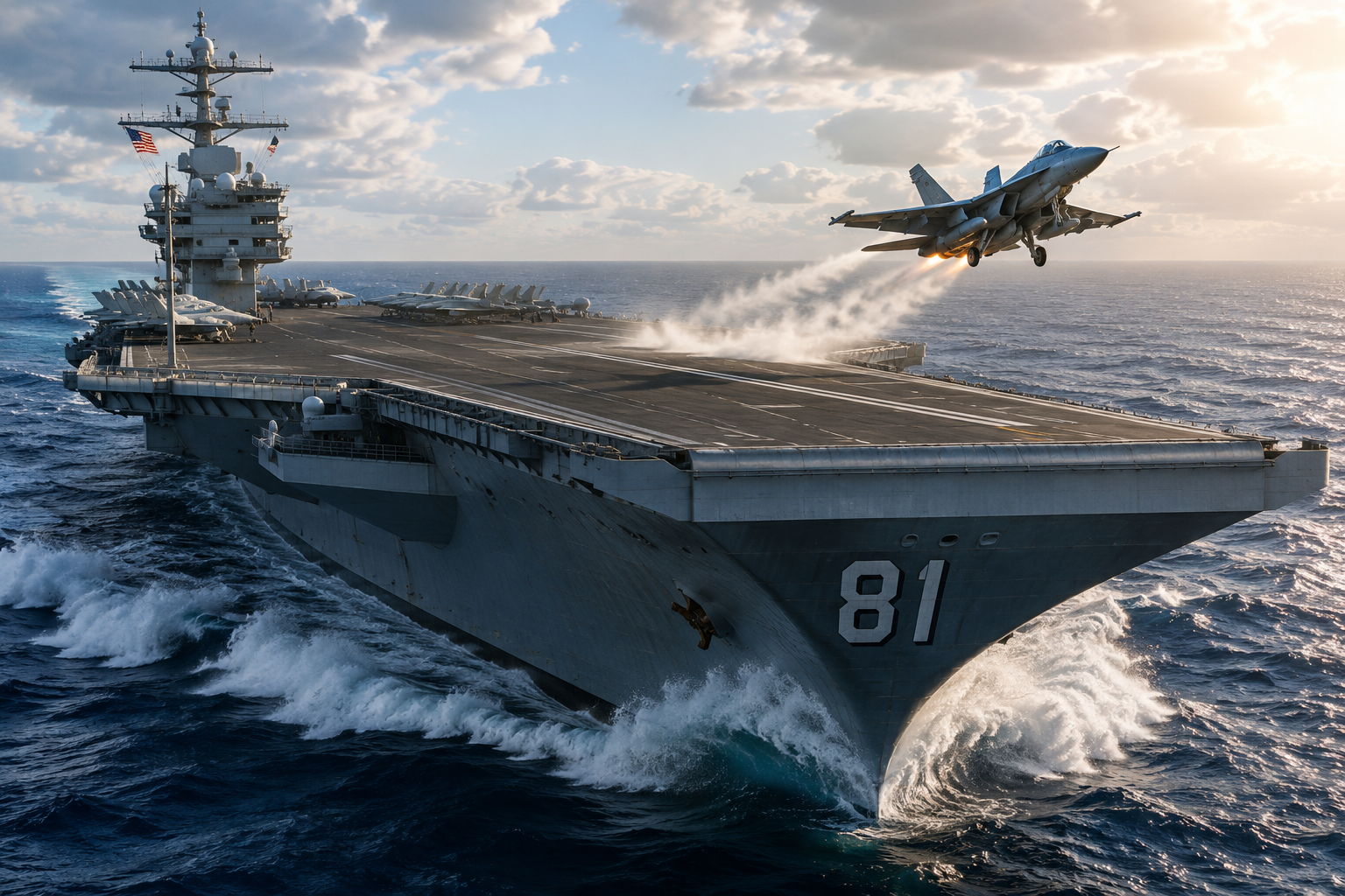 AI-generated illustrative hero artwork of the future USS Doris Miller CVN-81 at sea